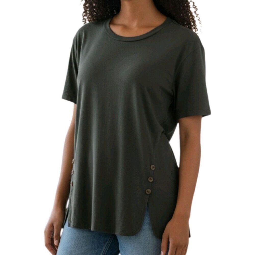Misia Olive Green Top Womens Size M Button Accent Round Hem Soft Rayon Jersey